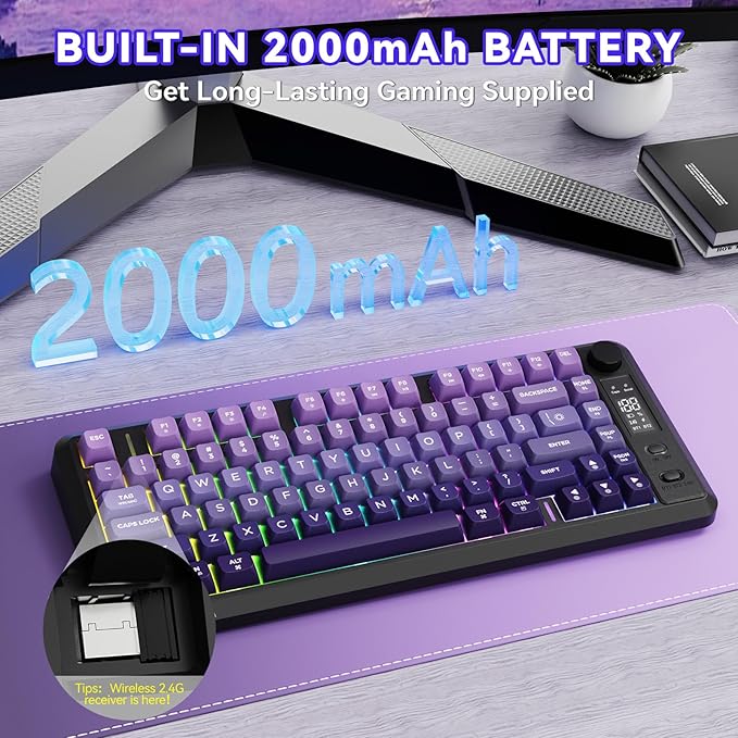 ZIYOU LANG M75 Wireless Gaming Keyboard, RGB Backlit Rechargeable 2000mAh Battery, Small Membrane But Mechanical Feel Keyboard with Smart Display & Knob, PBT Gradient keycaps for PC, MAC-Grape Purple