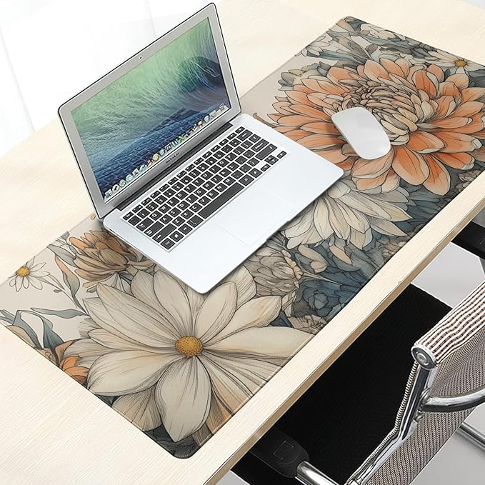 Japanese Minimalist Floral Desk Mat Watercolor Flowers XL Large Extended Gaming Mouse Pad 31.5x11.8 Inch Floral Laptop Computer Keyboard Mouse Mat Non-Silp with Stitched Edges for Home Office Work