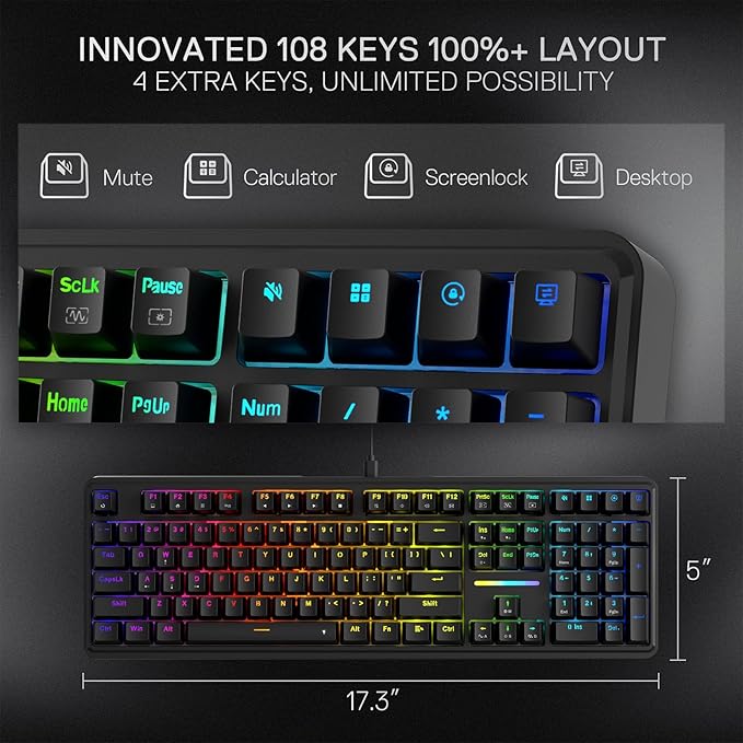 Redragon K745 Wired Gasket RGB Gaming Keyboard, 108 Keys Mechanical Keyboard w/Extra 4 Hotkeys, Upgraded Hot-swappable Socket, 5-Layer Noise Dampening, Creamy & Thocky Custom Linear Switch