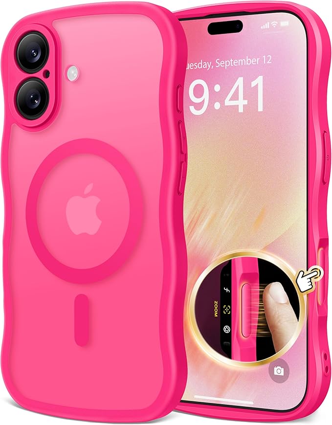 CAPRARO Magnetic for iPhone 17 Case for Women Girls, Upgraded [Full Camera Protection] [Compatible with MagSafe] Cute Wave Translucent Matte Phone Case for iPhone 17, Hot Pink