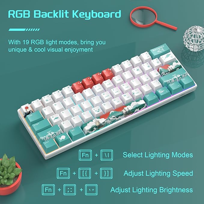 Camiysn 60% Mechanical Gaming Keyboard,Mixed Color Keycaps Gaming Keyboard with Linear Red Switches, Detachable Type-C Cable Mini Keyboard with Blue LED Light for PC/Laptop