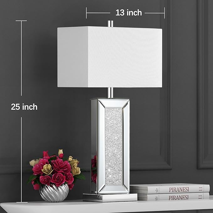 Modern Table Lamp Set of 2 Touch Control, Silver Mirror Diamond Crystal Bedside Lamp with USB C+A Ports, 3-Way Dimmable Mirrored Nightstand Lamps White Fabric Shade for Living Room Bedroom Art Decor