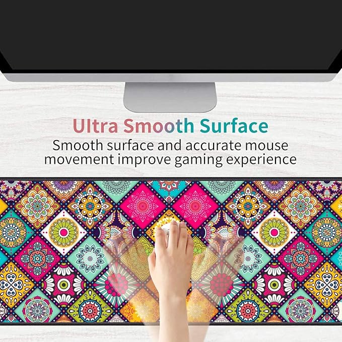 Desk Pad Mat Gaming Mouse Pads with Coasters Set, Stitched Edges Design Mouse Pad XXL Large Mouse Pad for Laptop Computers Flower Mandala Desk Writing Mat for Office & Home 31.5"x 11.8"