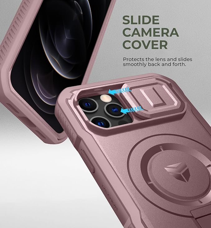 Dexnor for iPhone 12 & iPhone 12 Pro Case with Slide Camera Cover & Adjustable Kickstand &Built-in Screen Protector,Magsafe Rugged Shockproof Bumper Cases Heavy-Duty Protective Cover,Peony Pink