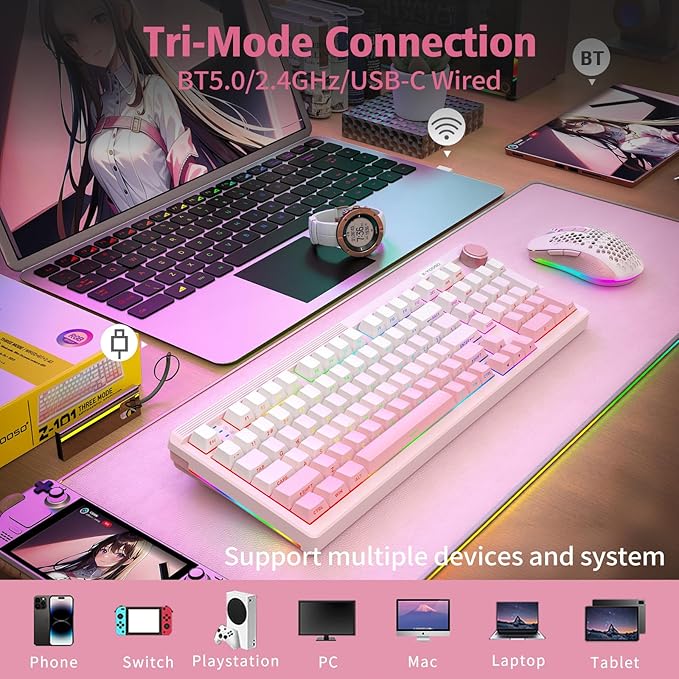 E-YOOSO Wireless Mechanical Keyboard, 96% Custom Gaming Keyboard with Knob, Creamy Sound, Number Pad, Hot Swappable Pre-lubed Linear Switches, RGB Backlit, 2.4GHz/Bluetooth/USB Wired, Pink