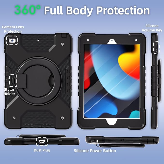 Andnary Case for iPad 9th/8th/7th Generation 10.2 inch, Shockproof Cover with Screen Protector/360° Rotating Handle/Bracket/Pen Holder/Shoulder Strap, Kids Case for iPad 2021/2020/2019 (Black)