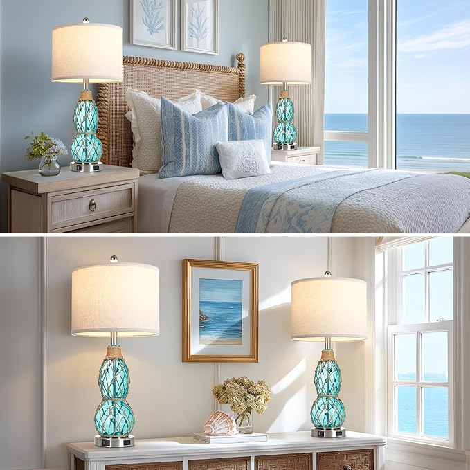 Rinweey 26" Coastal Glass Table Bedside Lamps Set of 2, 3-Way Dimmable Touch Lamps with USB Ports and AC Outlet, Nautical Nightstand Lamps for Bedroom Living Room,Teal