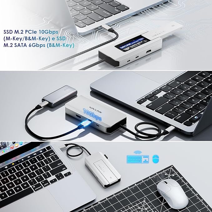 WAVLINK 8 in 1 USB C Hub with M.2 NVMe/SATA SSD Enclosure 10Gbps, 4K@144Hz HDMI, USB-C/A 10Gb, 100W PD, Aluminum Alloy USB C Enclosure for M.2 NVMe SATA SSD for M1/M2/M3/M4 MacOS Systems