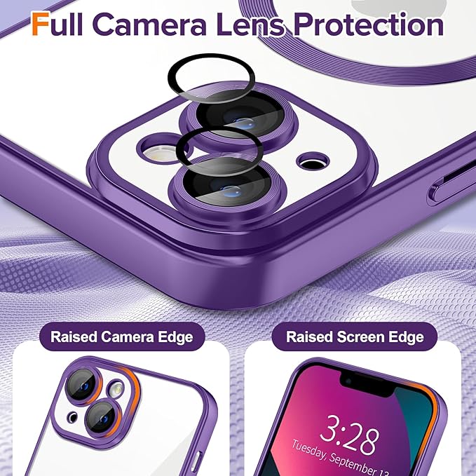 Hython Magnetic Clear for iPhone 13 Case with Camera Lens Protector [Compatible with MagSafe] Luxury Plating Edge Slim Soft TPU Cover Protective Phone Case for iPhone 13 6.1", Matte Purple