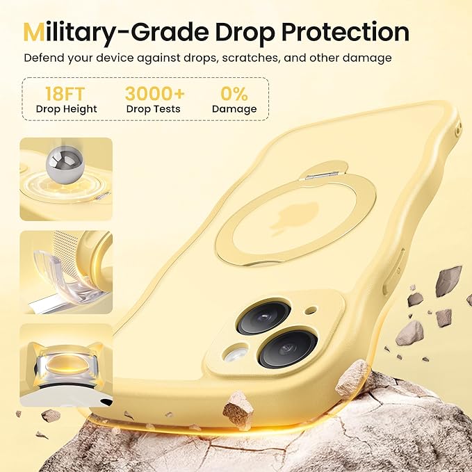 CAPRARO for iPhone 15 Plus Case with 360° Spin Magnetic Stand for Women, [Compatible with MagSafe] [Full Camera Protection] Cute Wave Translucent Matte Case for iPhone 15 Plus, Jasmine Yellow