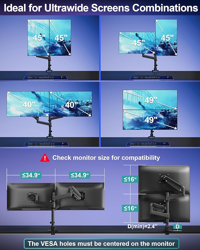 MOUNT PRO Dual Monitor Arm for Max 49" Ultrawide Screens up to 44 lbs, Heavy Duty Extra Tall Monitor Desk Mount, Vertical Stacked Adjustable Dual Monitor Mount, VESA Mount 75x75mm/100x100mm
