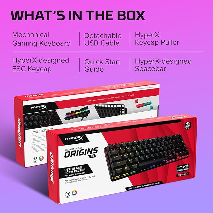 HyperX Alloy Origins 65 - Mechanical Gaming Keyboard – Compact 65% Form Factor - Tactile Aqua Switch - Double Shot PBT Keycaps - RGB LED Backlit - NGENUITY Software Compatible