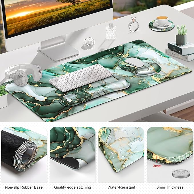 Gaming Mouse Pad, Large Desk Mat, Cute Desk Pad Protector, 4in1 XXL Mousepad + Keyboard Wrist Rest+Mouse Wrist Rest+Coaster Set with Ergonomic Desk Pad for Home Office PC Computer, Green Marble