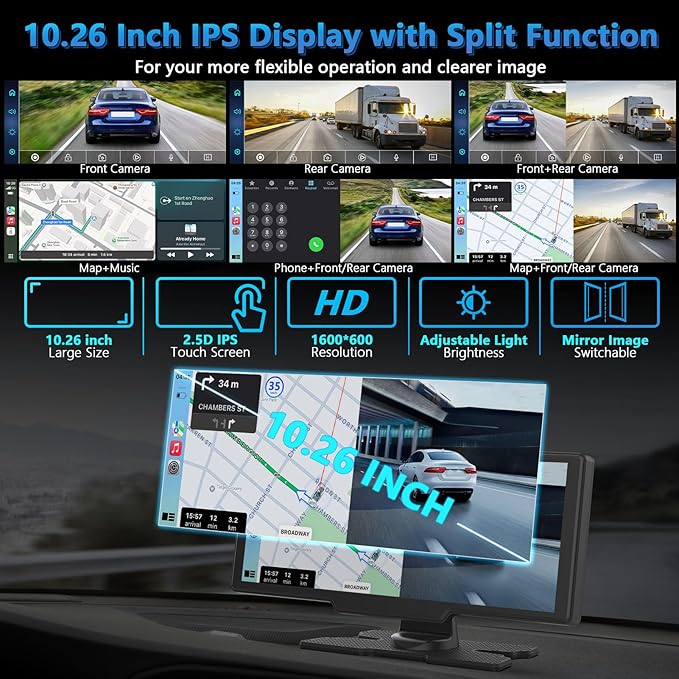 Portable Wireless Carplay Screen with Dashcam - Lehwey 10.26 Inch Car Play Tablet with 4K Front Dash Cam & 1080P Rearview Backup Camera, Bluetooth 5.0, FM, Voice Assistant, with 64GB TF Card