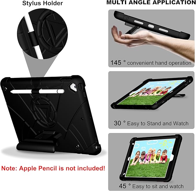 Andnary Case for iPad 9th/8th/7th Generation 10.2 inch, Heavy Shockproof Cover with Screen Protector/180° Rotating Handle/Bracket/Pen Holder/Shoulder Strap, Kids Case for 2021/2020/2019 (D-Black)