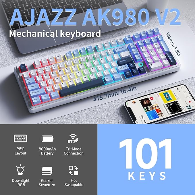 ACODEX Ajazz AK980 Blue White Wireless Mechanical Gaming Keyboard,Tri-Mode BT5.0/2.4GHz/USB-C Hot Swappable RGB Backlit Computer Gaming Keyboards for PC/Tablet/PS/Xbox