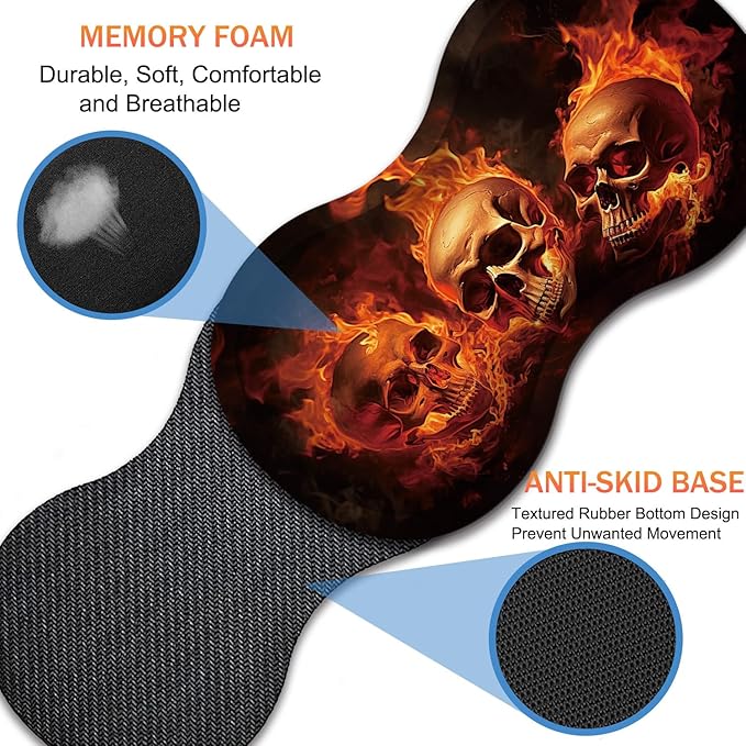 Extended Non-Slip Mouse Pad + Mouse Wrist Rest + Lace-Shaped Coaster Set, Ergonomic Design, Suitable for Desk and Home Gaming Table Mat, Fire Skulls
