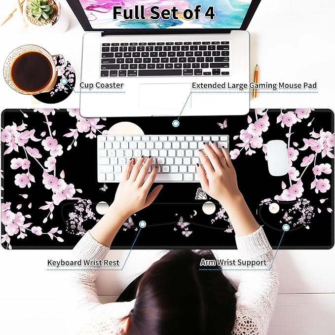 Large Gaming Mouse Pad Set 35.4 x 15.7 with Keyboard Wrist Rest, Wrist Support, and Coaster Memory Foam Smooth Desk Pad Mousepad for Home Office School - Cherry Blossom Moon