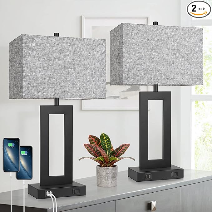 Set of 2 Modern Touch Control Table Lamps with 2 USB Ports, 22’’ Large Bedside Nightstand Lamps 3-Way Dimmable Desk Lamp With Grey Fabric Shade For Bedrooms Living Room Reading, 2 LED Bulbs Included