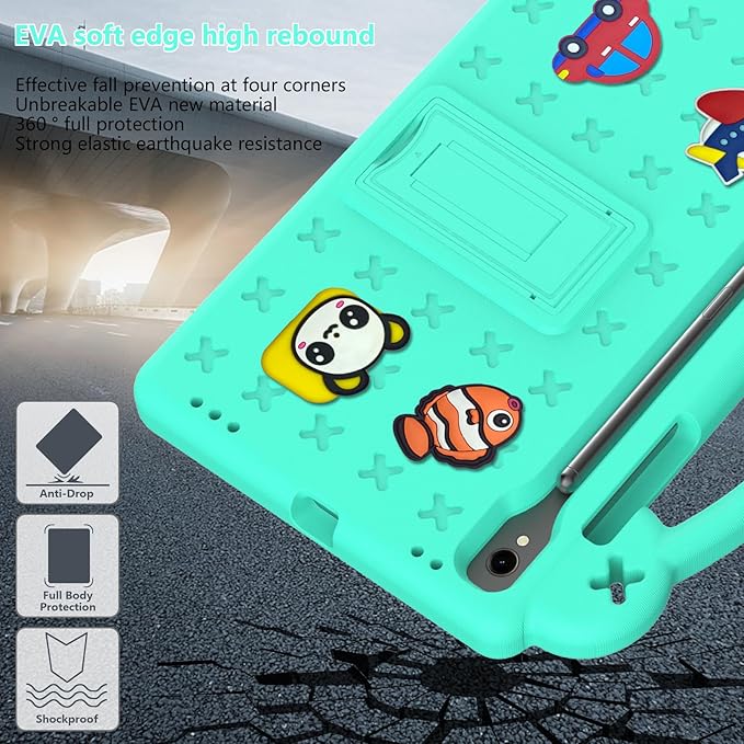 AKABEILA Compatible with Samsung Galaxy Tab S10 FE 2025 Tablet Case, Kids Friendly Universal Lightweight Shockproof Protective Case with Shoulder Strap & Stand Handle Mint Green