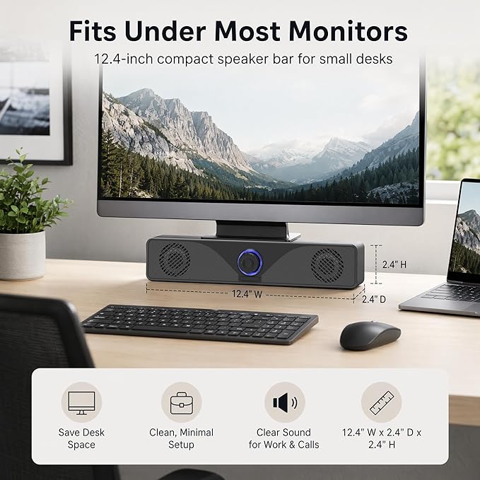 Computer Speakers for Desktop Monitor, USB Powered Wired PC Soundbar with 3.5mm AUX, Plug & Play Speaker Bar with Volume Knob, Clear Sound for Laptop, PC, Home and Office, Black