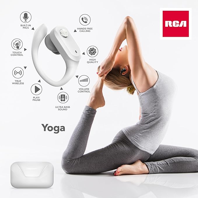 RCA Wireless Earbuds Bluetooth 5.3 Headphones Sport Sweat Resistant Sports Earphones with Earhooks,48H Playtime,Lightweight 7.8g,Fast Charging Case,Noise Cancelling Mic for Running Gym Workout-White