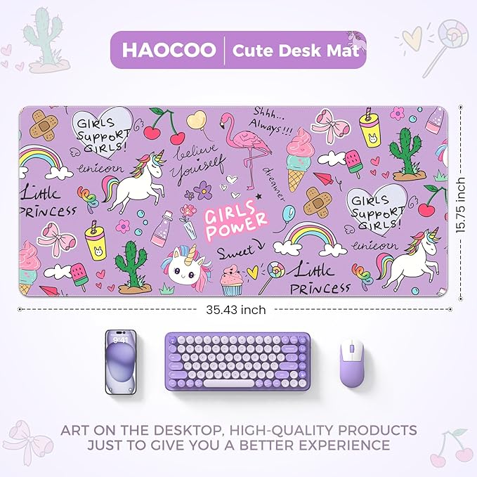 HAOCOO Purple Large Mouse Pad, Cute Leather Desk Matt for Women, Kawaii Desk Decor for Kids, Anti-Slip Rubber Mouse Pad for Girls, Computer Mat for Home Office Accessories