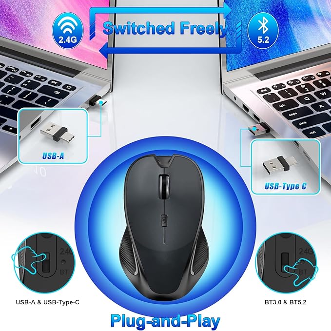 Mouse for MacBook Bluetooth Wireless Mouse Laptop MacBook Air Mac Pro Silent Rechargeable PC iPad Optical Mouse with Jiggler Dual Mode Switch Bluetooth 5.2/3.0 and 2.4GHz USB Type-C Receiver BLACK