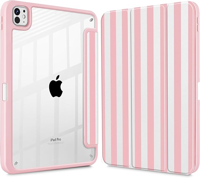 May Chen Case for iPad Pro 11-Inch M5/M4 2025/2024 (6th/5th Generation), [Penceil Holder] Trifold Stand Auto Wake/Sleep Clear TPU Protection Back Cover, Pink Stripes