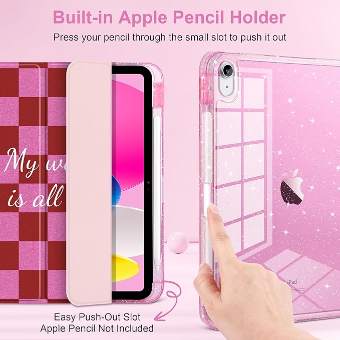 DONGKE for iPad Pro 11 inch Case – Fits M5 2025 / M4 2024, Shockproof Sparkling Glitter Acrylic Back, Pencil Holder, Trifold Stand, Auto Sleep/Wake & Touch ID Support - Red Checkerboard