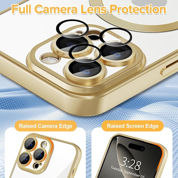 Hython Magnetic Clear for iPhone 16 Pro Max Case with Camera Lens Protector [Compatible with MagSafe] Plating Edge Slim Soft TPU Cover Protective Phone Case for iPhone 16 Pro Max 6.9", Matte Gold