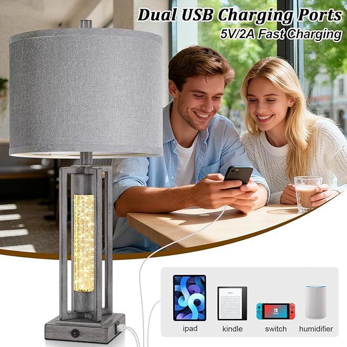 TOBUSA 26’’ Farmhouse Table Lamps for Living Room Set of 2, Modern Nightstand Lamps with Crystal Night Light & 2 USB Ports, Vintage Home Decor Grey Bedside Lamps with Gray Linen Shade for Bedroom