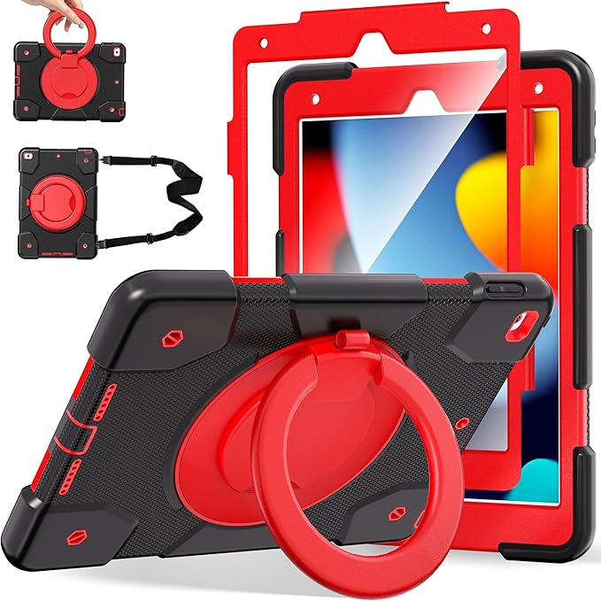 Andnary Case for iPad 9th/8th/7th Generation 10.2 inch, Shockproof Cover with Screen Protector/360° Rotate Stand/Pencil Holder/Shoulder Strap, Kids Case for iPad 2021/2020/2019 (Black+Red)