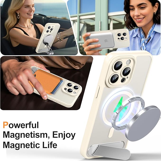 Magnetic Compatible with iPhone 15 Pro Max Case, [Built-in Kickstand][Full Camera Protection][Compatible with MagSafe][Anti-Fingerprint] Shockproof Phone Case for iPhone 15 Pro Max 6.7",Beige