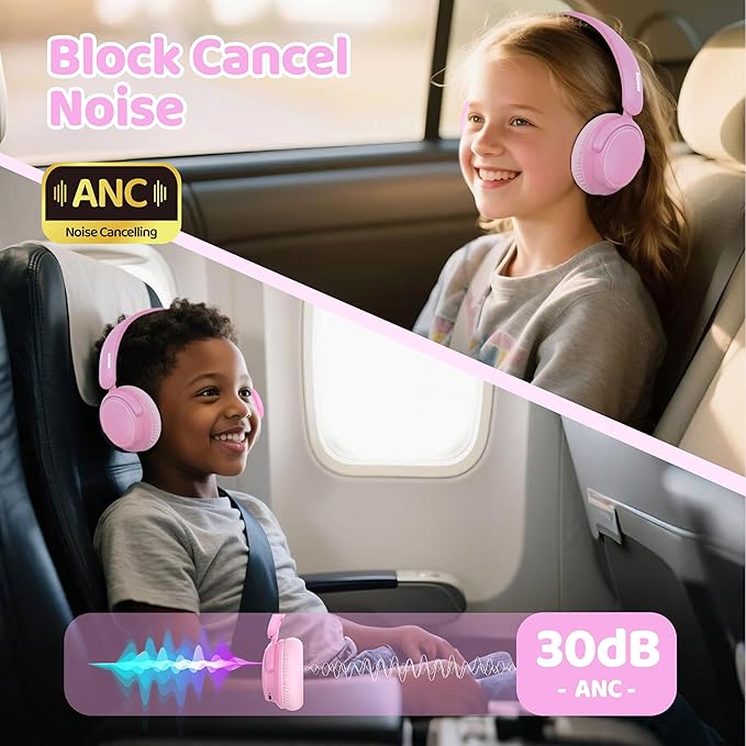 MIDOLA Active Noise Cancelling Kids Bluetooth Headphones,68H Play Time,Lightweight Wireless Foldable Over-Ear Headphone for Kid Toddler,Volume Limited 85/94dB,Headsets with Built-in Mic Pink