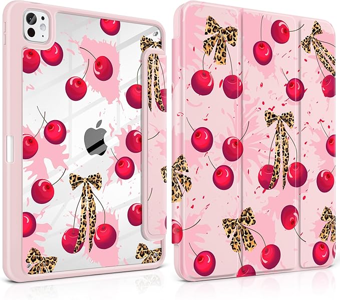 Case for iPad Pro 11 Inch (M5 2025 M4 2024) – [Built-in Pencil Holder], Shockproof & Stylish, Clear Hard Back + Soft TPU Edge, Magnetic Trifold Stand, Auto Wake/Sleep, Cherry & Leopard