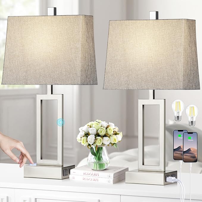 Rinweey 23.5" Touch Control Table Lamps Set of 2, Modern Silver Bedside Lamps with USB A+C Ports & AC Outlet, 3 Way Dimmable Contemporary Nightstand Lamps for Bedroom Living Room(2 LED Bulb Included)