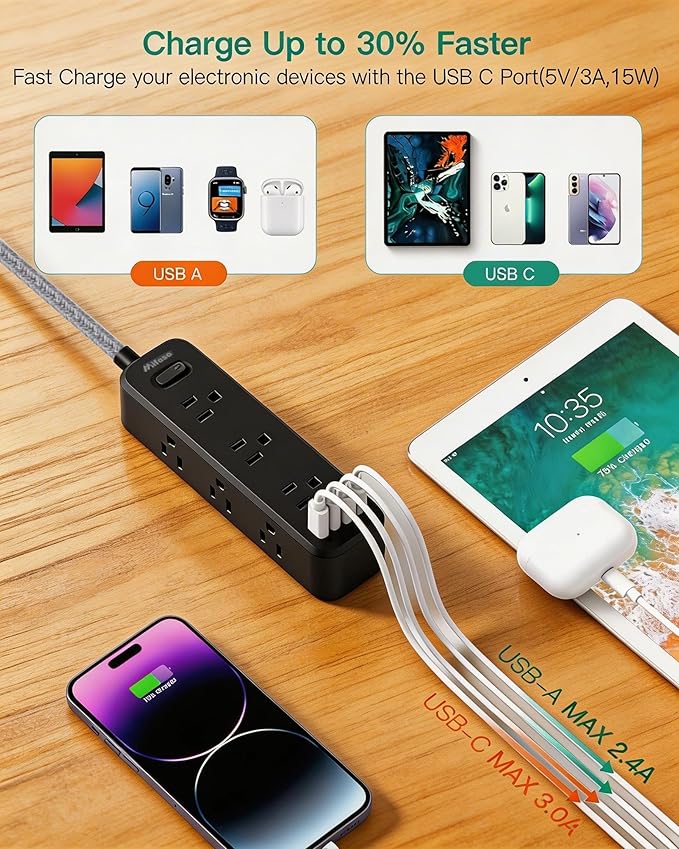 15FT Long Extension Cord with Surge Protector, 13-in-1 Power Strip with 9 Wide Spaced Outlets and 4 USB Ports, Flat Plug Wall Mount Charging Station for College Dorm Room Essentials, Office, Black
