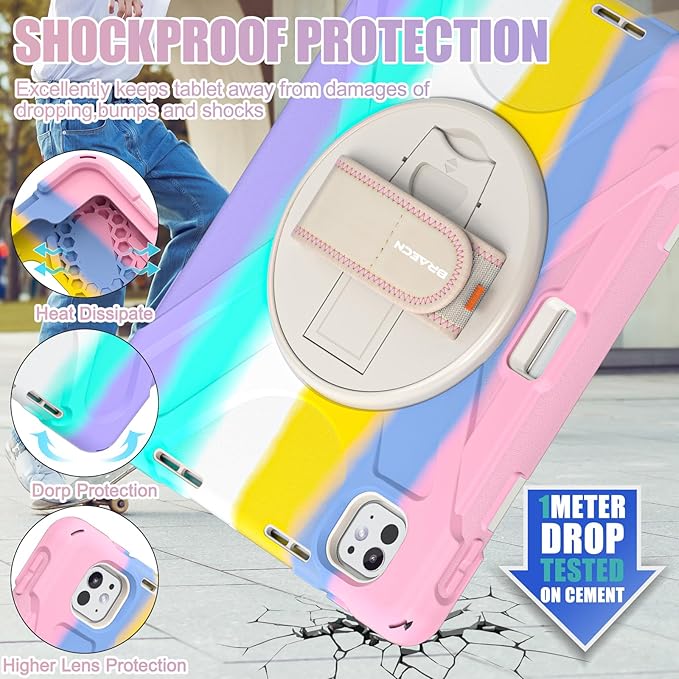 BRAECNstock Kids Case for Apple iPad Pro 11 inch M5 2025/ M4 2024, Shockproof Protective with Pencil Holder, 360° Rotating Hand Strap & Stand, Shoulder Strap for iPad Pro 11 M5/M4, Colorful Pink