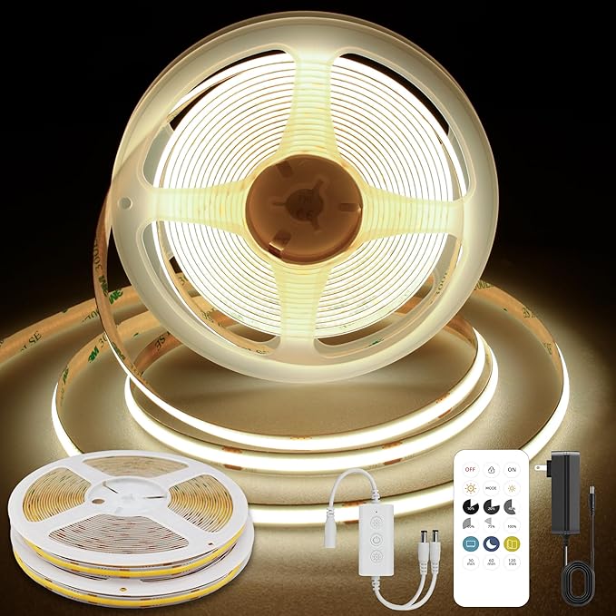 Pandery COB LED Strip Lights Natural White,24V Dimmable led Light Strip KIT with Remote and app Control,4000K 32.8FT/2 * 5m 8mm Wide Ra>90 Cuttable Flexible Strip Lights for Bedroom,Wardrobe,Cabinet