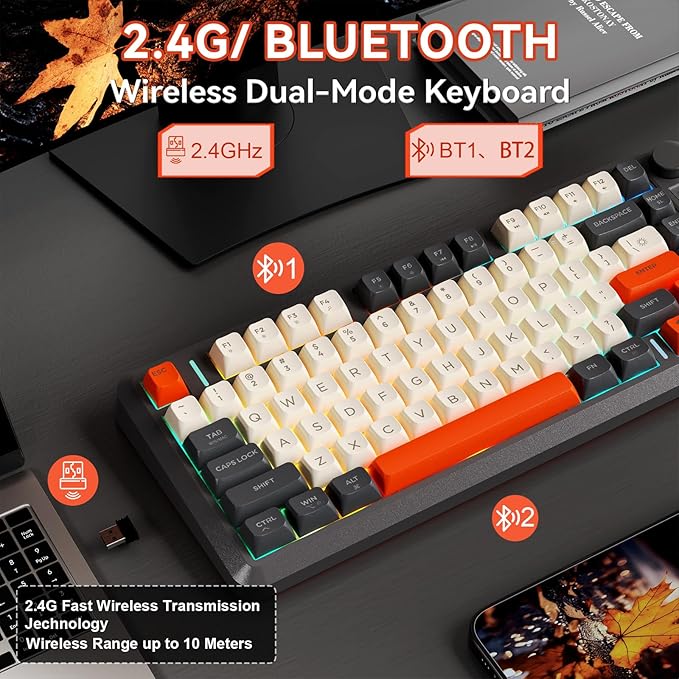 ZIYOU LANG M75 Wireless Gaming Keyboard, RGB Backlit Rechargeable 2000mAh Battery, Small Membrane But Mechanical Feel Keyboard with Smart Display & Knob, PBT Gradient keycaps for PC, MAC - Shimmer