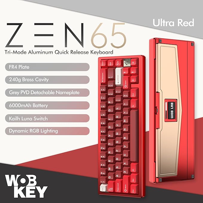 KEEBMONKEY WOBKEY Zen 65 65% Quick Release Wireless Mechanical Keyboard with RGB, CNC Aluminum Case, Hot-Swappable, VIA Support, BT/2.4G/USB-C Gaming Keyboard for Mac/Windows (Ultra Red)