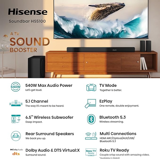 Hisense HS5100 5.1Ch Sound Bar with Wireless Subwoofer, 540W, Dolby Digital Plus, Bluetooth 5.3, EzPlay, Roku TV Ready, DTS: X, HDMI/AUX/ARC/Optical/USB (HS5100, 2024 Model)