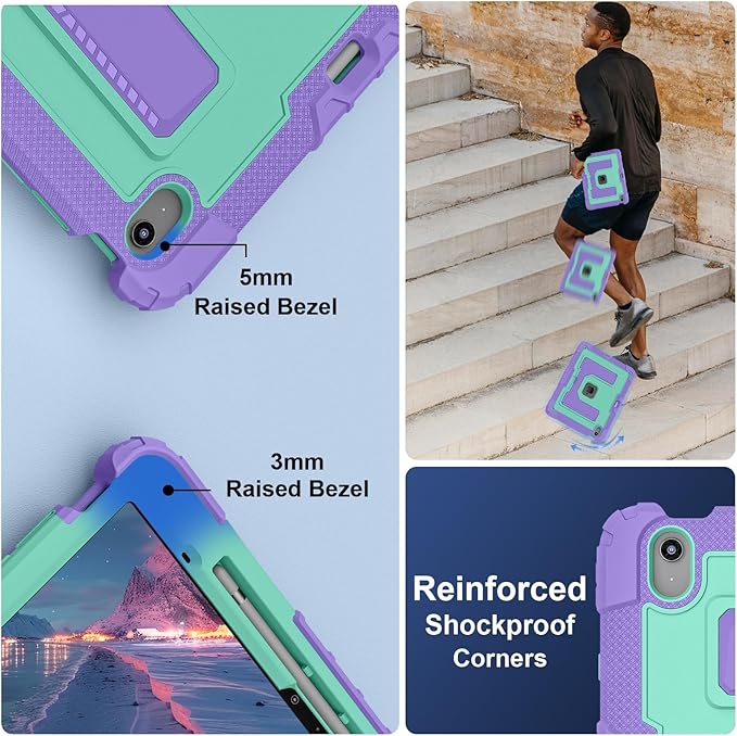 Kids Friendly Case for iPad Air 13 Inch M4 M3 M2 2026/2025/2024 Case with Pencil Holder & Shoulder Strap, Military Grade Shockproof Kickstand Hard Shell Protective Cover,Purple+Mint