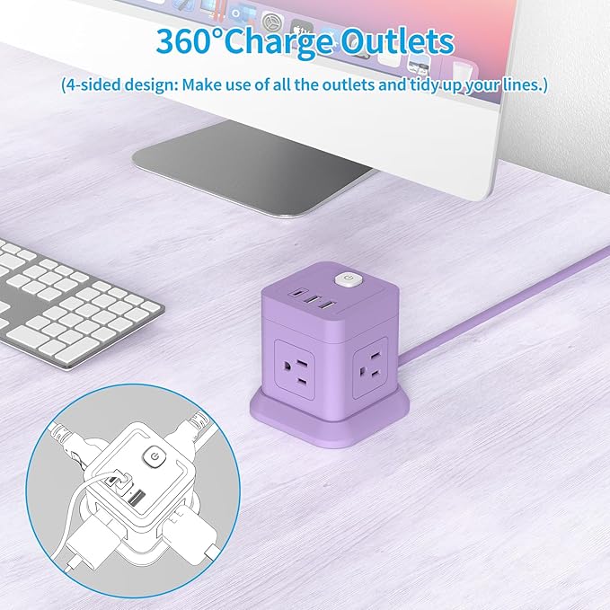 Cube Power Strip, FDTEK 4 Widely Spaced Outlet with 3 USB (1 USB C) Flat Plug Power Strips with Long Extension Cords Space Save Compact Portable for Travel Home Office Cruise (Purple) 5FT