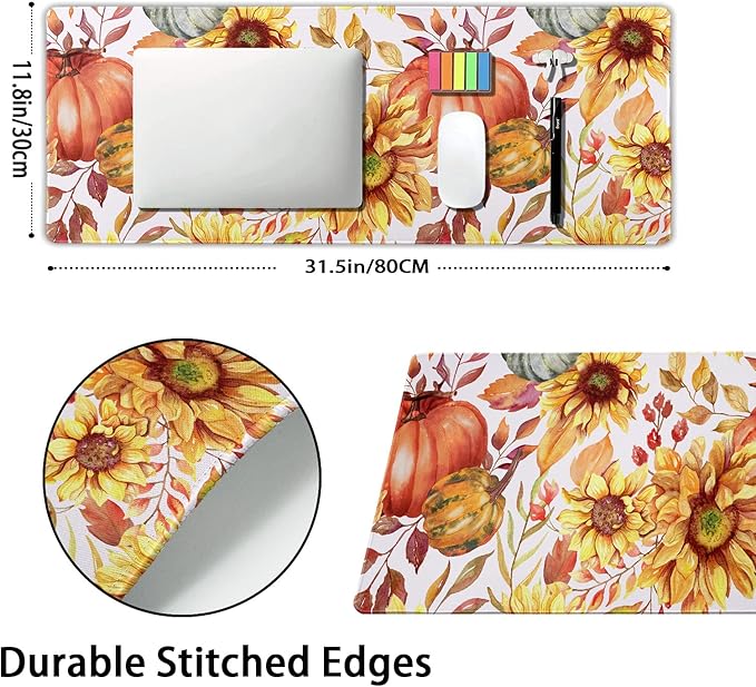 Fall Pumpkin Sunflowers Mouse Pad XL Watercolor Retro Autumn Leaves Floral Extended Desk Mat Non-Slip Rubber Base Stitched Edge Large XL Thanksgiving Mousepad for Desk Gaming Laptop,31.5×11.8 in