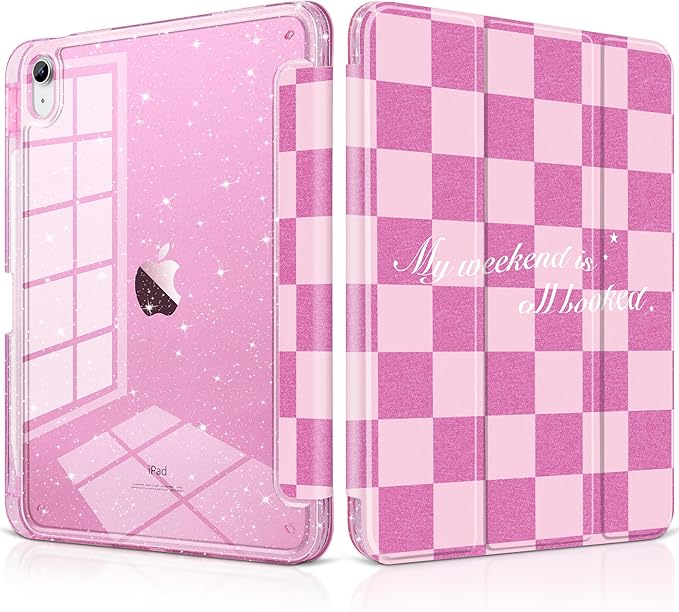 DONGKE for iPad Pro 11 inch Case – Fits M5 2025 / M4 2024, Shockproof Sparkling Glitter Acrylic Back, Pencil Holder, Trifold Stand, Auto Sleep/Wake & Touch ID Support - Pink Checkerboard