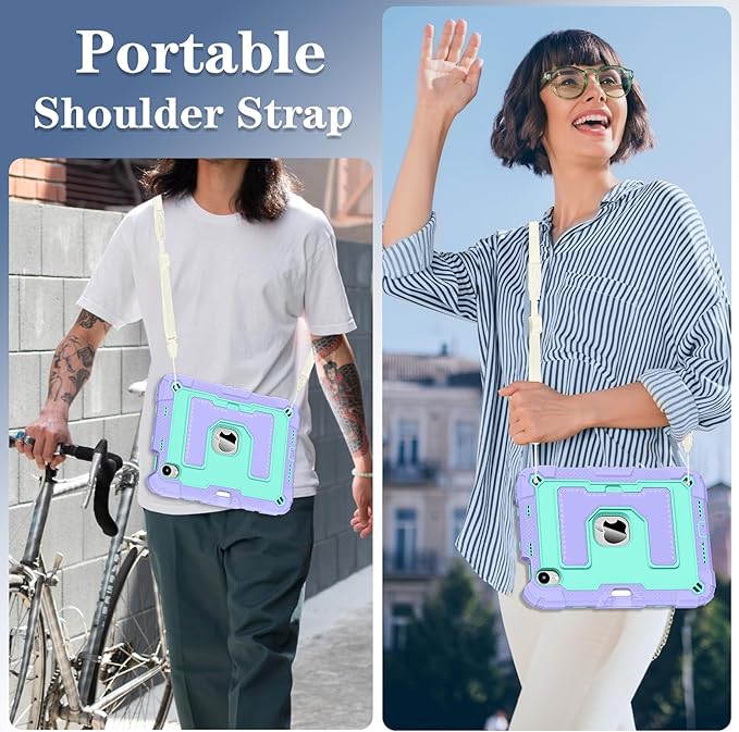 Kids Friendly Case for Apple iPad mini 7 A17 Pro 2024/iPad Mini 6 2021 8.3 Inch 7th/6th Gen Case with Pencil Holder & Shoulder Strap, Shockproof Kickstand Hard Shell Protective Cover,Purple+Mint