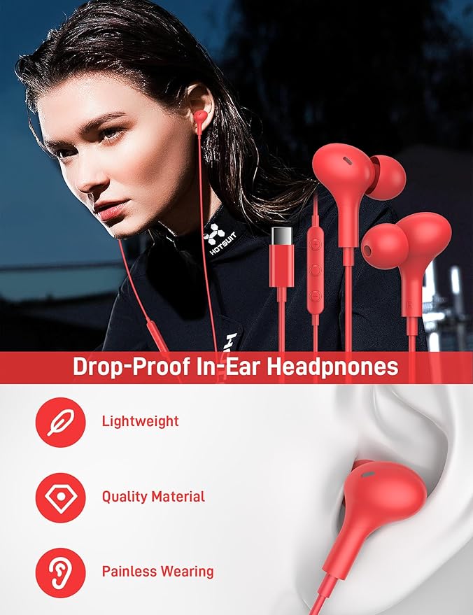 iMangoo for Apple USB C Wired Headphones, Hi-Fi Sound Corded Earbuds, Ergonomic Small in Ear Buds for iPhone 17 Pro Max/17e/16 Plus/16e/15, for Samsung S26/S25 Ultra/for Pixel Type C Earphones Red