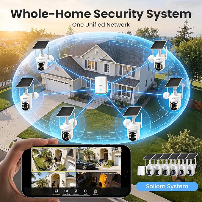 SOLIOM Security Cameras Wireless Outdoor, 6-Camera Solar Security System, 5MP 3K Color Night Vision, Radar Motion Detection, 360° Auto Tracking, No Monthly Fees, 64GB Local Storage